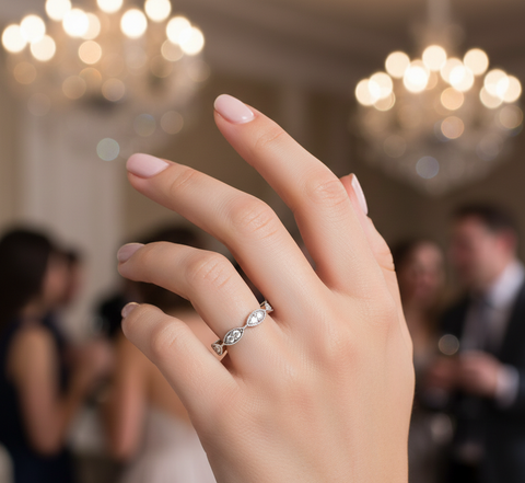 0.42 CT round lab-grown diamond wedding band worn on hand