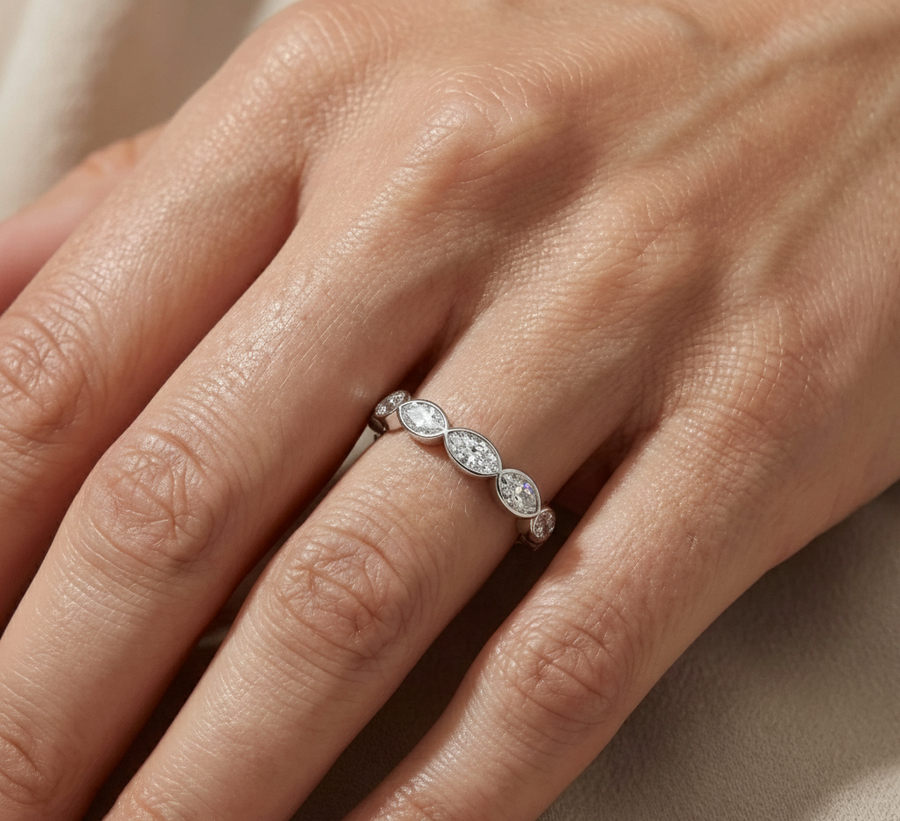 0.60 CT marquise lab-grown diamond eternity ring worn on hand