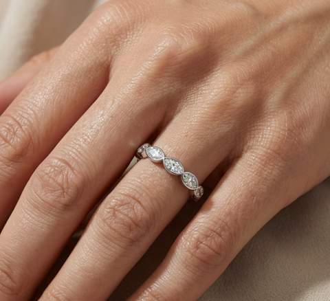 0.60 CT marquise lab-grown diamond eternity ring worn on hand