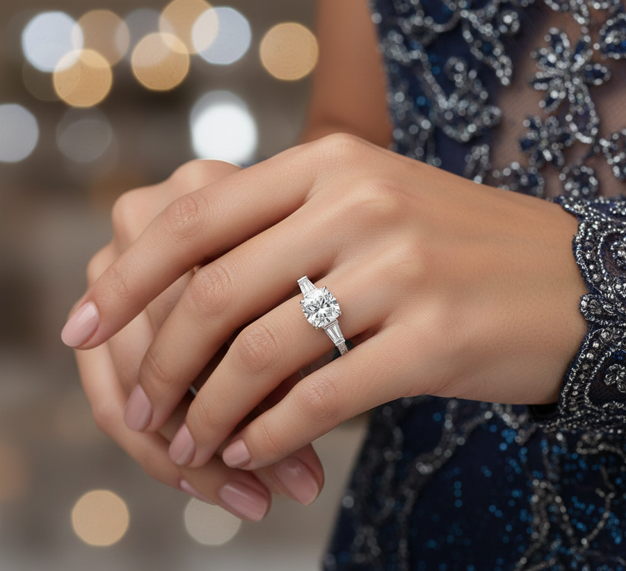 2.22 CT cushion trinity lab-grown diamond ring worn on hand