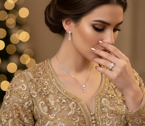 Pear & Emerald-Cut Lab-Grown Diamond Jewelry Set: Drop Earrings, Pendant Necklace & Cluster Ring