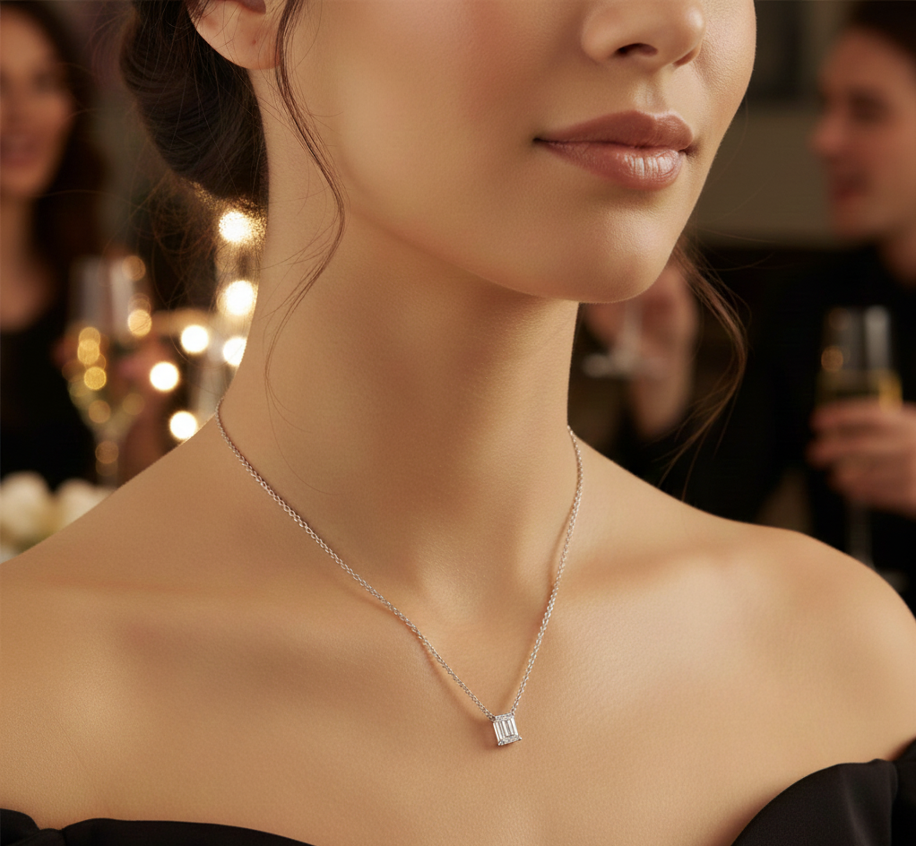 1.02 CT emerald cut lab-grown diamond pendant worn