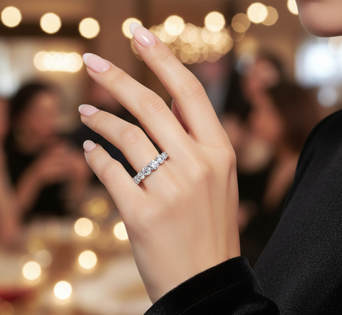 1.33 CT round lab-grown eternity band worn on model