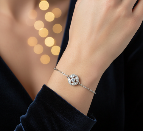 0.24 CT round lab-grown diamond medallion bracelet worn on wrist