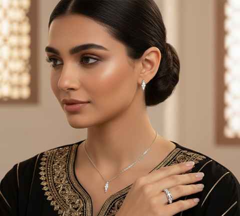 Lab-Grown Diamond Cluster Jewelry Set: Drop Earrings, Bezel Drop Pendant & Bubble Eternity Band