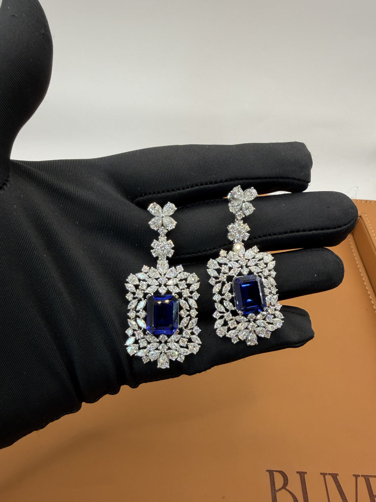 Emerald Blue Center Stone Floral Halo Diamond Drop Earrings
