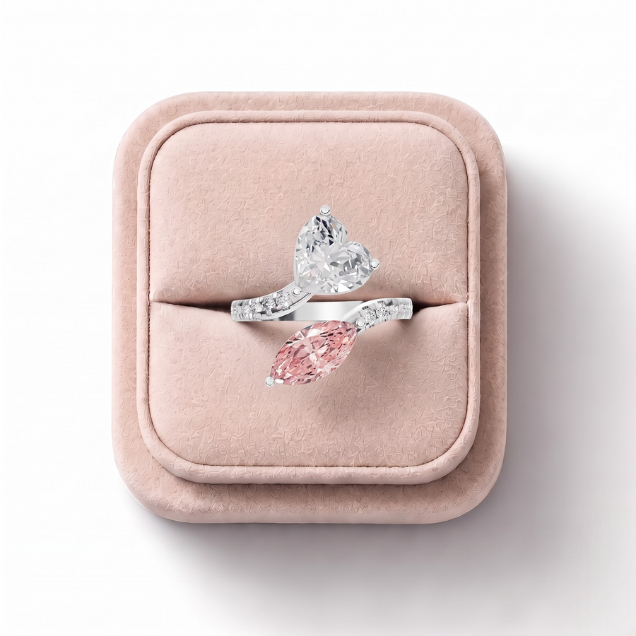 3.36 Ct Heart Marquise Toi et Moi Side Stone Ring