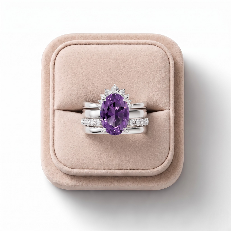 3.91 Ct Oval Amethyst With Side Band Lab Grown Diamond Bridal Set