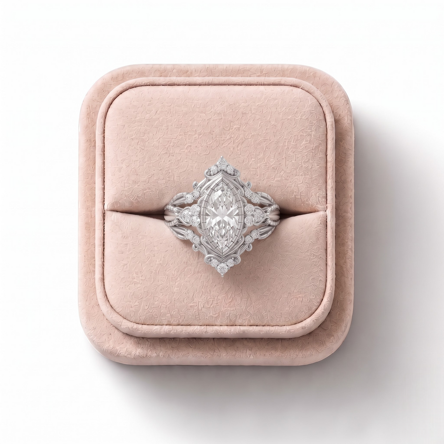 1.23 Ct Marquise Halo With Side Stone Band Set 1.00 Ct Center