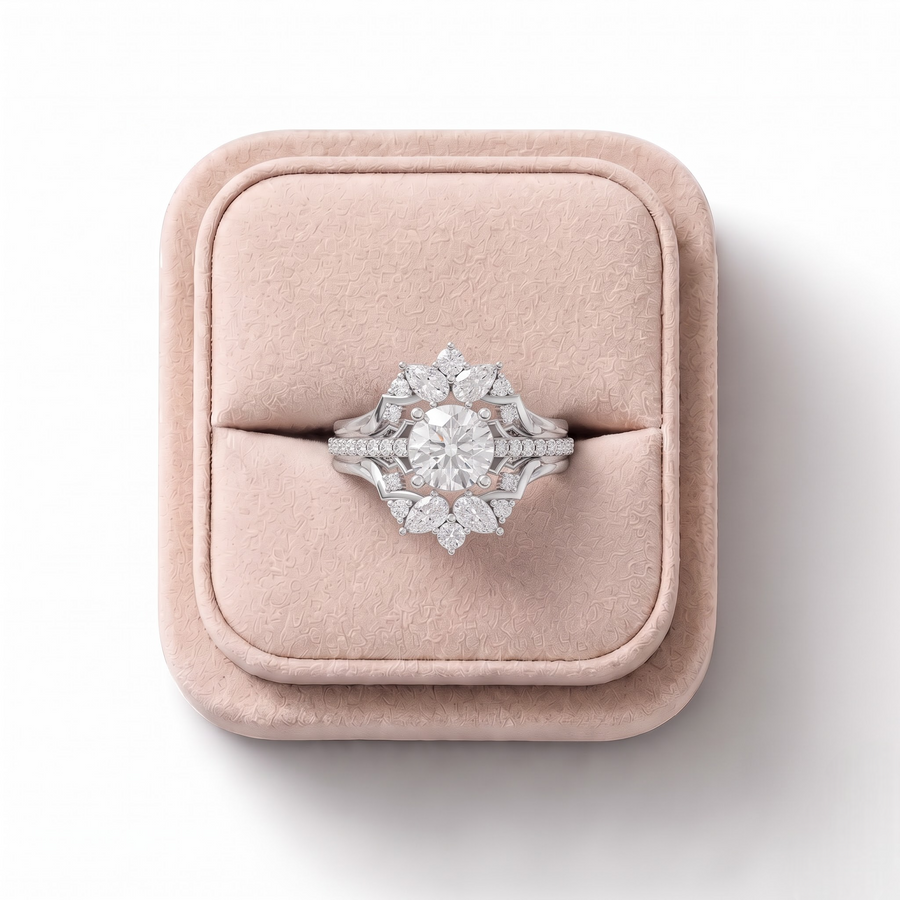 1.65 Ct Round Halo With Side Stone Band Set 1.00 Ct Center