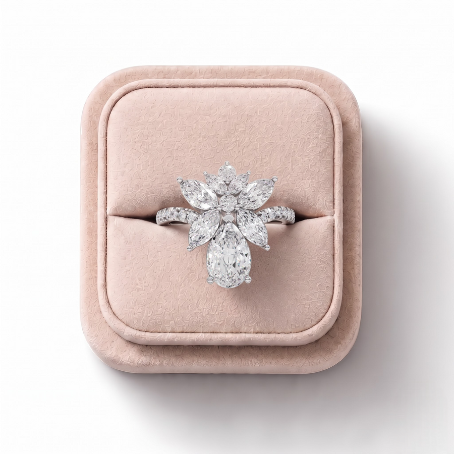 2.05 Ct Pear & Marquise Floral Lab Diamond Cluster Ring with Accent Band