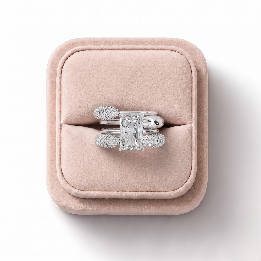 3.68 Ct Radiant Lab Diamond Hidden Halo Ring with Accents Set 3.00 Ct Center