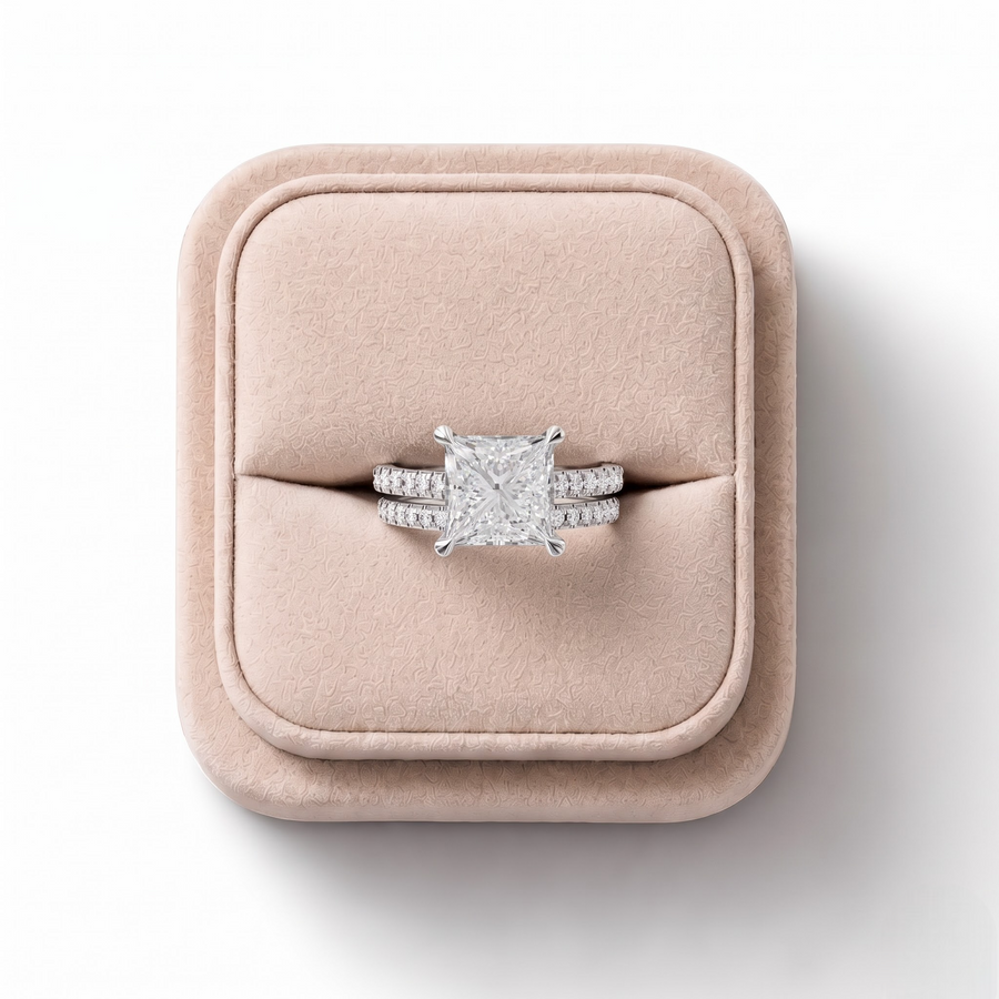 3.80 Ct Princess Hidden Halo Engagement Ring with Pavé Band