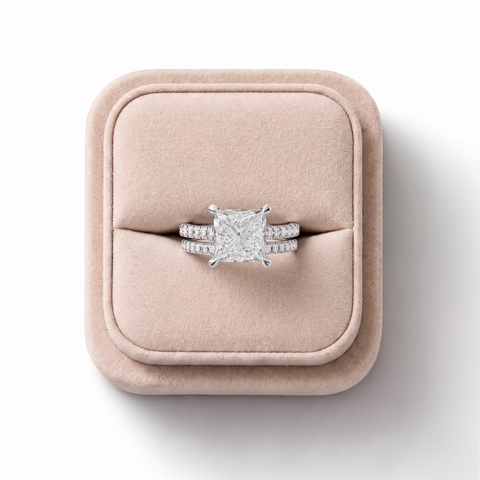 3.80 Ct Princess Hidden Halo Engagement Ring with Pavé Band