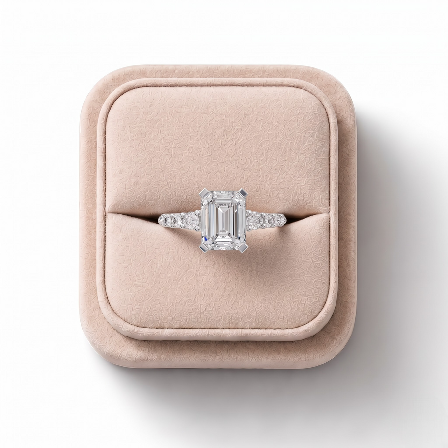 1.74 Ct Emerald Cut Lab Grown Diamond Graduated Pavé Ring