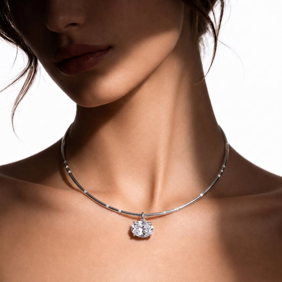 10.42 Ct Oval Solitaire Pendant Collar Necklace