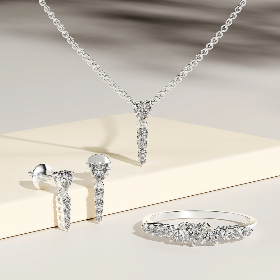 2.06 ct heart lab grown diamond jewelry set with pendant, drop earrings and half eternity ring