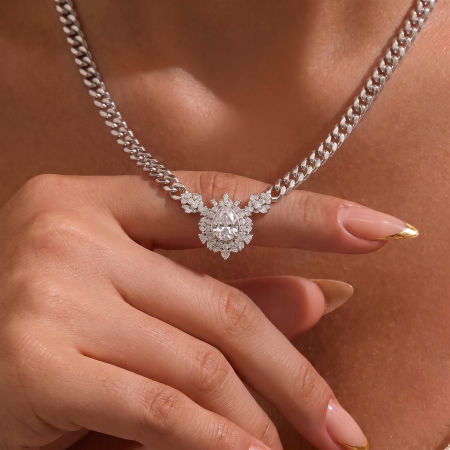 7.98 Ct Pear Diamond Floral Halo Cuban Chain Necklace