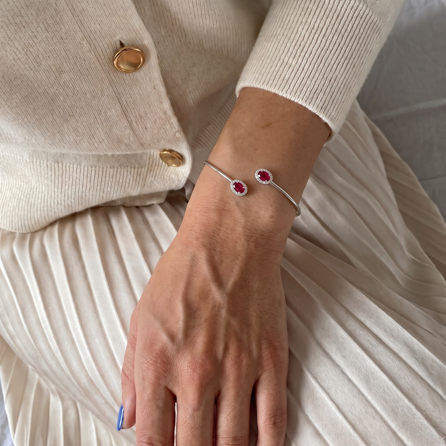1.73 Ct Ruby Open Cuff Bangle with Diamond Halo