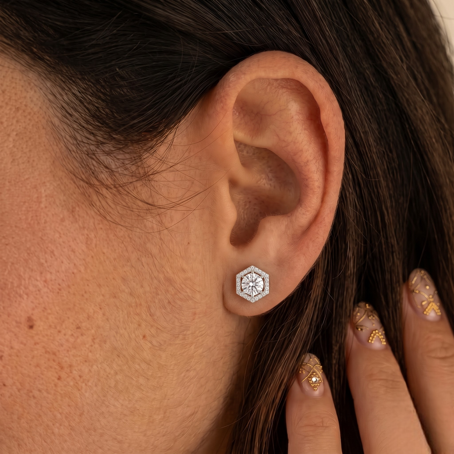 3.31 Ct Hexagon Halo Round Diamond Stud Earrings