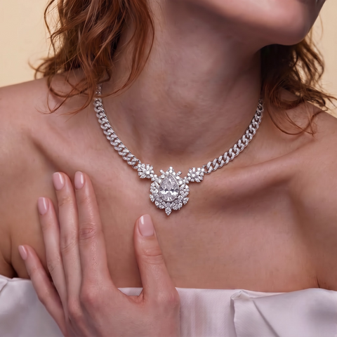 7.98 Ct Pear Diamond Floral Halo Cuban Chain Necklace