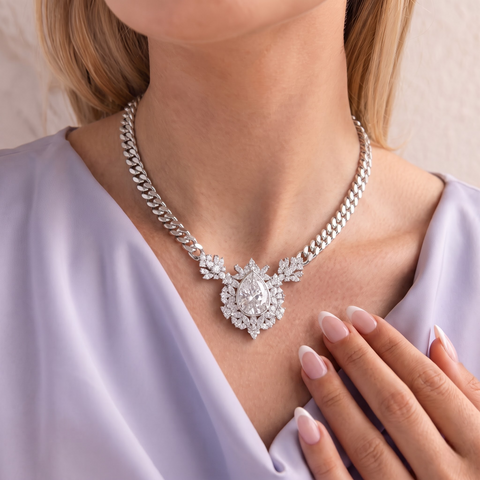 7.98 Ct Pear Diamond Floral Halo Cuban Chain Necklace