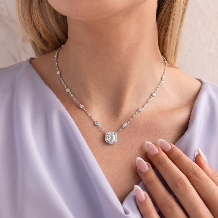 2.34 Ct Cushion Halo Station Necklace