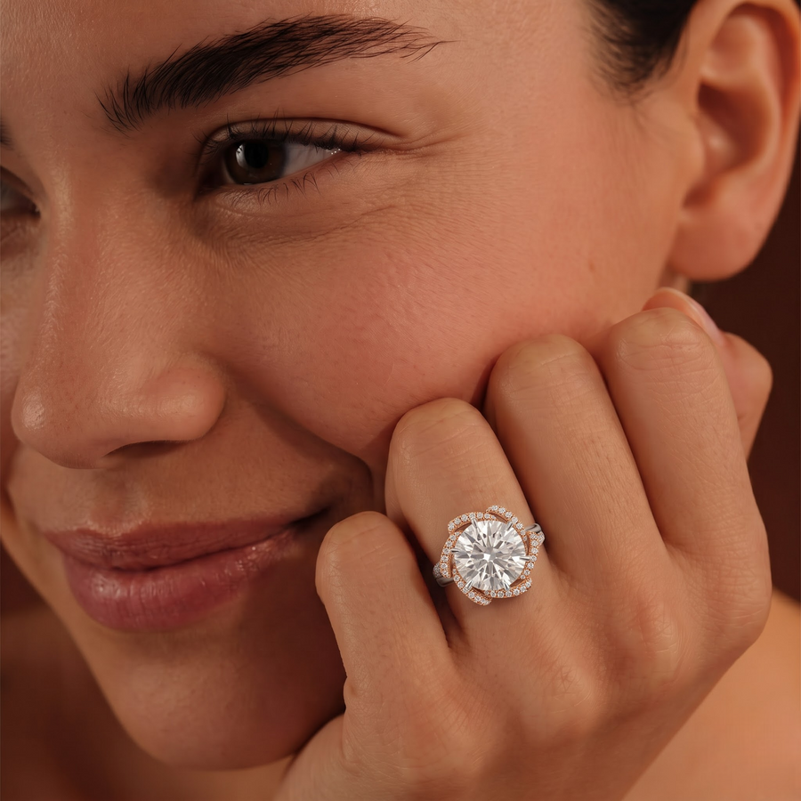 4.47 Ct Round Diamond Swirl Halo Two-Tone Engagement Ring