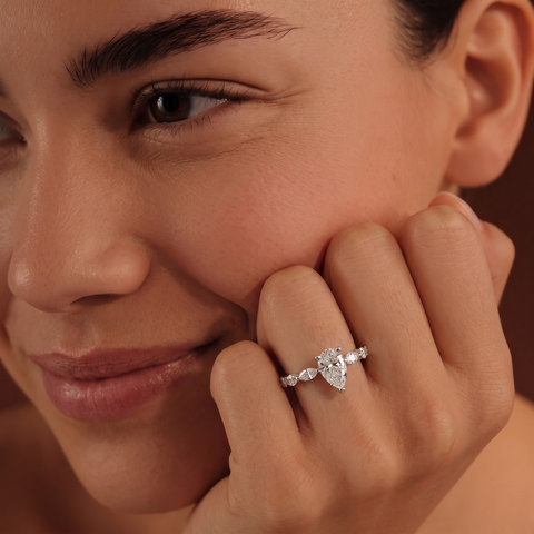 0.81 Ct Pear Lab Diamond Marquise Side Stone Ring