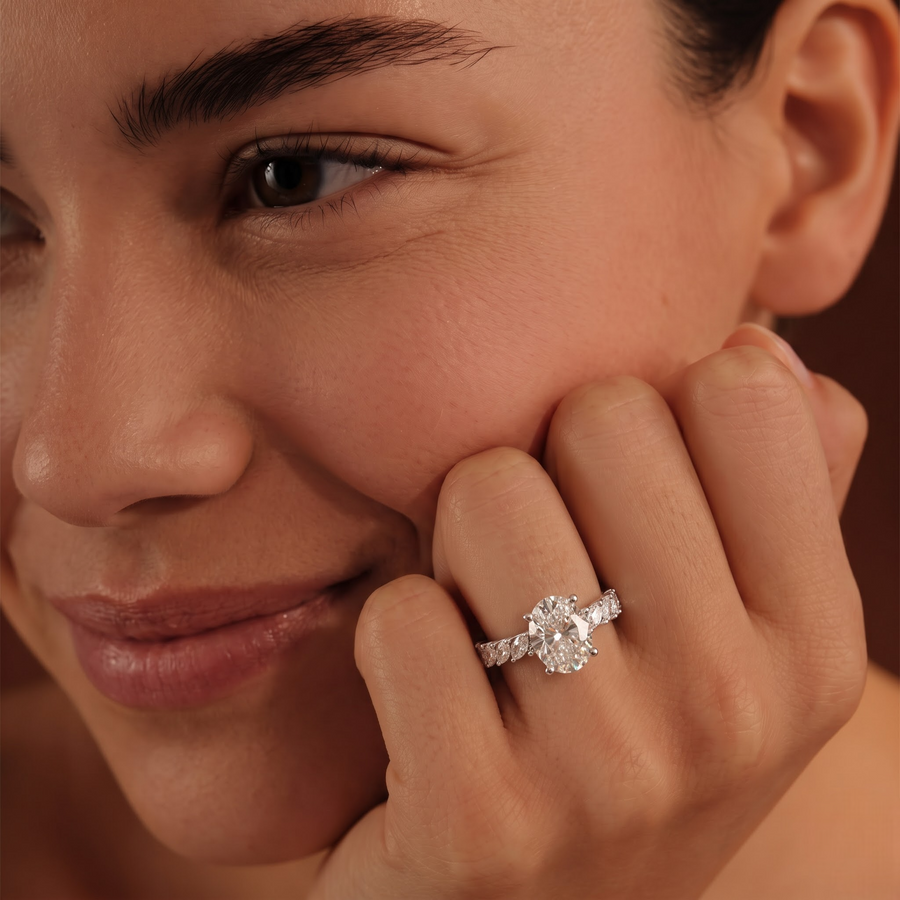 2.13 Ct Oval Lab Diamond Marquise Side Stone Ring