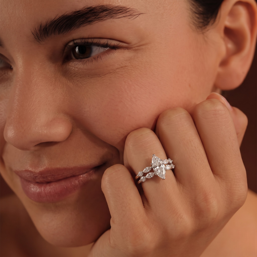 2.84 Ct Marquise Solitaire Accent Set Lab Diamond Ring