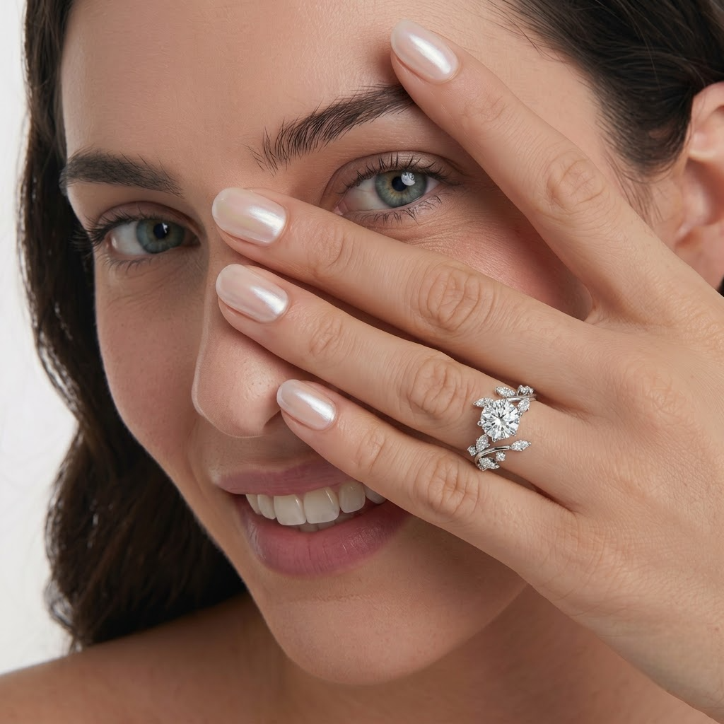 2.47 Ct round solitaire ring with marquise and round side diamonds, set in 18K gold, worn on model's hand.
