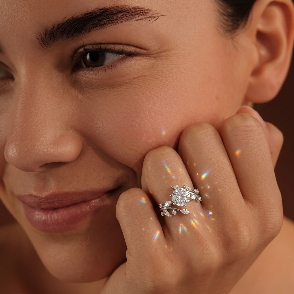 A woman presents a 2.47 ct round solitaire ring with marquise and round accent diamonds on her hand, showcasing a delicate design in 18K gold.