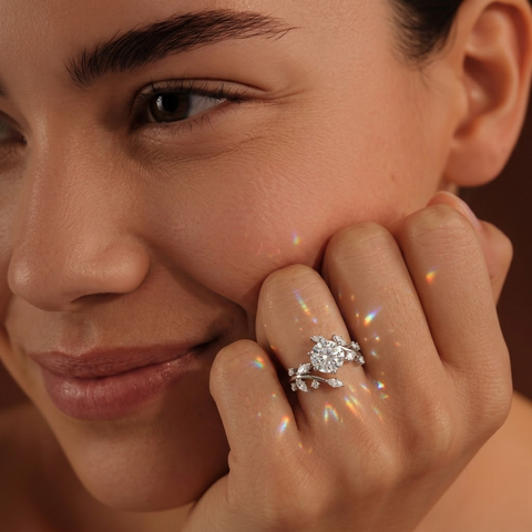 A woman presents a 2.47 ct round solitaire ring with marquise and round accent diamonds on her hand, showcasing a delicate design in 18K gold.