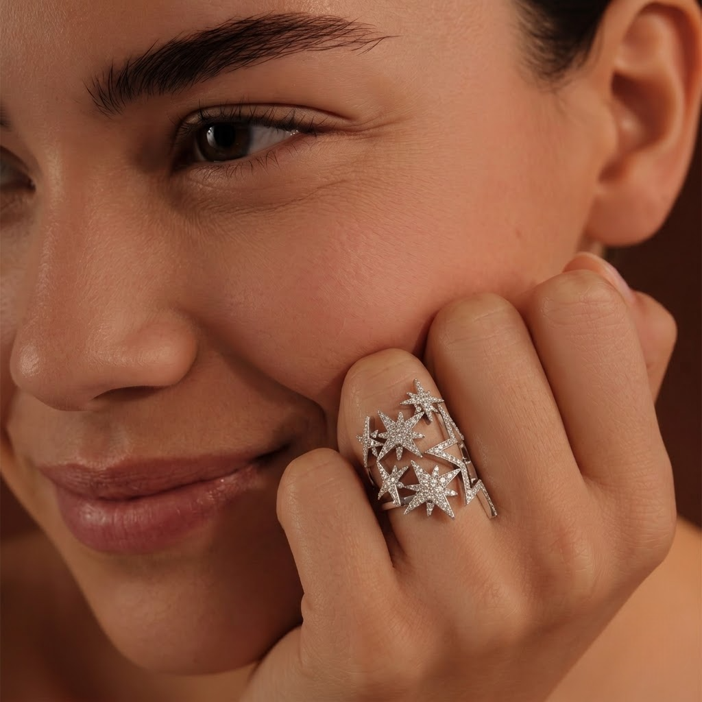 0.85 Ct Star Statement Lab Diamond Ring featuring a zigzag 18K gold band with star motifs set with round lab-grown diamonds.