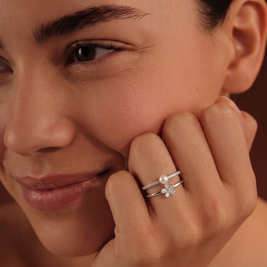 0.39 CT Pearl Diamond Ring with Pear Shape Floral Cluster Set