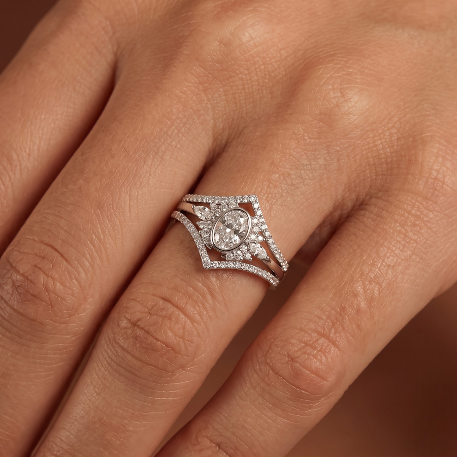 1.75 Ct Oval Halo With Side Stone Band Ring Set 1.00 Ct Center