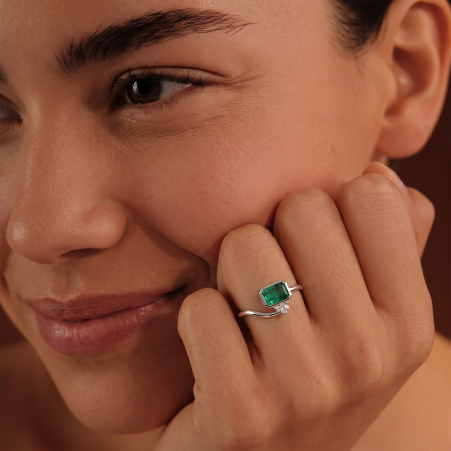 1.09 Ct Emerald Open Bypass Ring with Lab Diamond