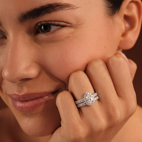 1.02 Ct Pear Halo Lab Diamond Double Band Ring Set