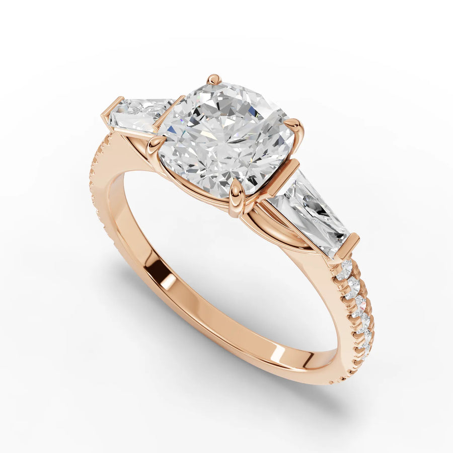 Cushion trinity diamond ring rose gold angle