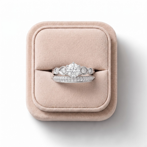 1.28 Ct Round Vintage Milgrain Lab Diamond Ring Set