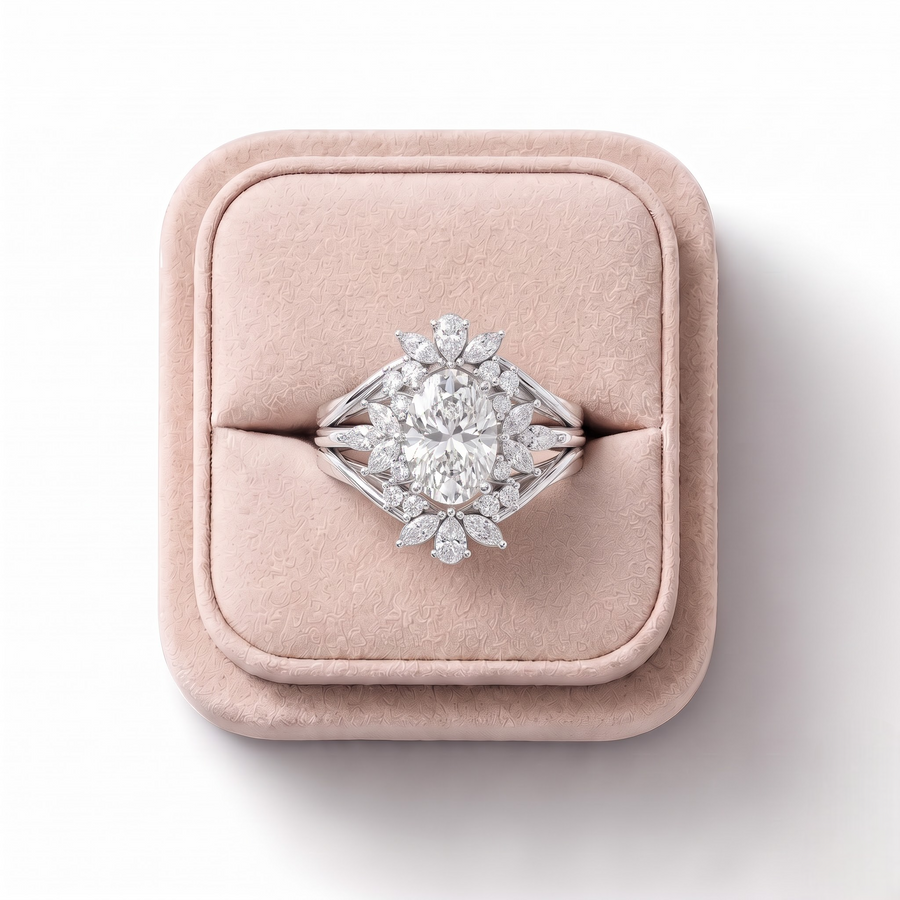 1.41 Ct Oval Halo With Side Stone Band Ring 1.00 Ct Center