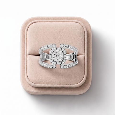 0.91 Ct Round Halo Accent Band Ring