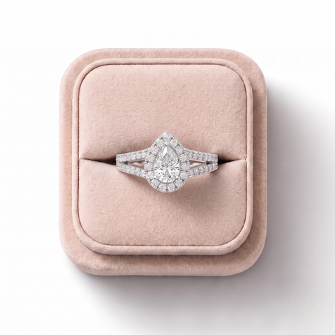 0.87 Ct Pear Solitaire Halo Pavé Band Ring