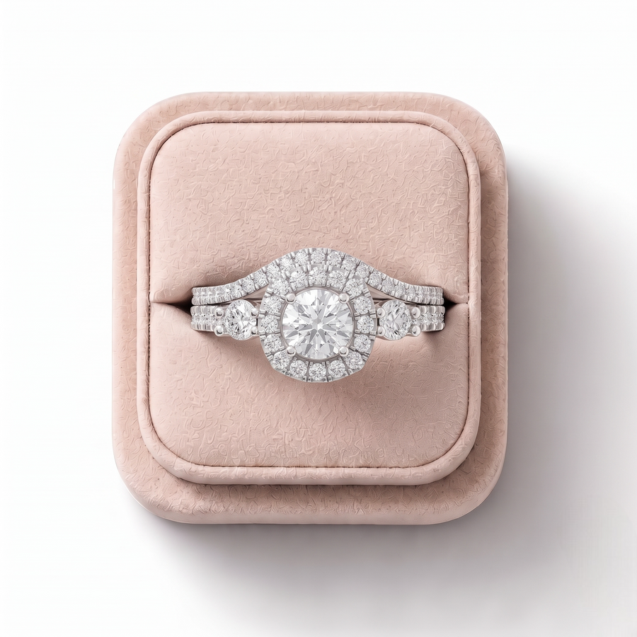 1.12 Ct Round Halo With Pavé Band Set