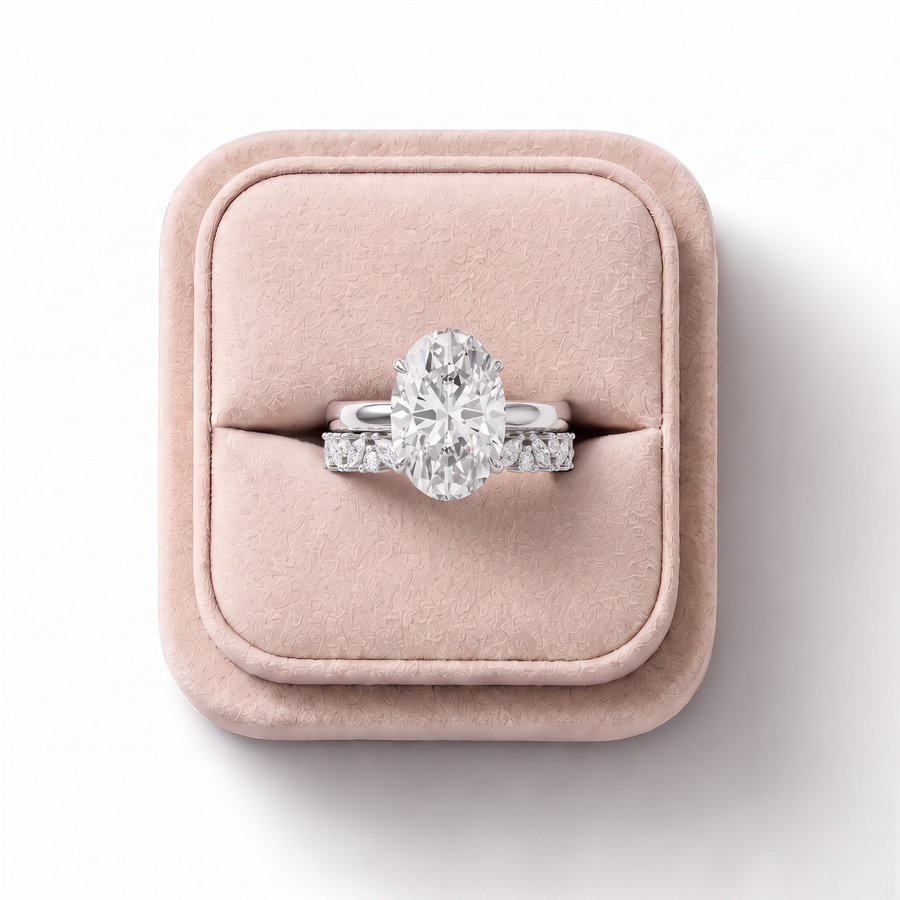 3.46 Ct Oval Hidden Halo With Side Band Set 3.00 Ct Center