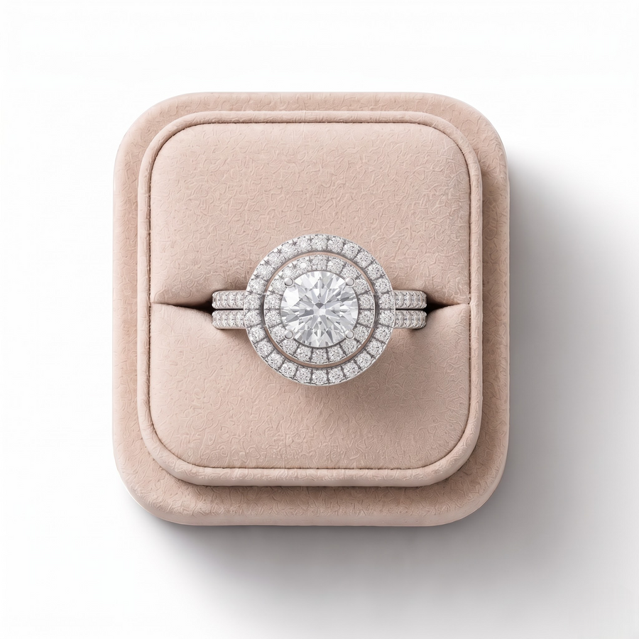 1.56 Ct Round Solitaire Double Halo Pavé Set Ring