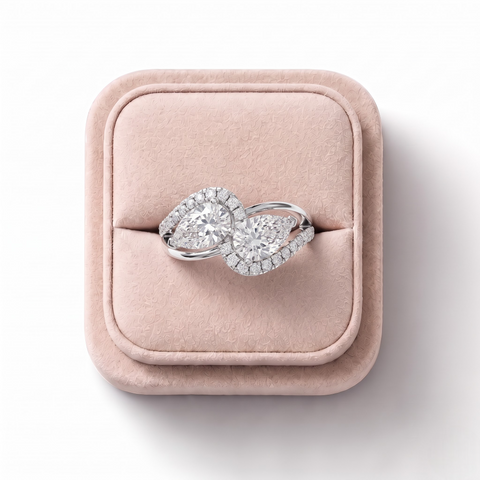 2.14 Ct Pear Halo Toi et Moi Pavé Band Ring