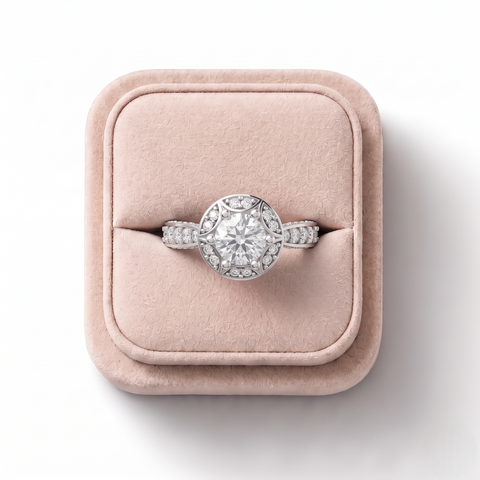 0.82 Ct Round Halo With Pavé Band Ring