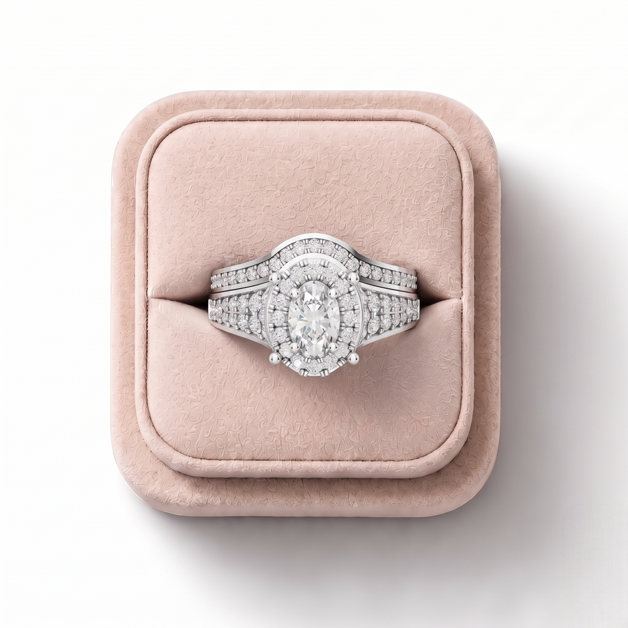 1.12 Ct Oval Halo Pavé Band Ring